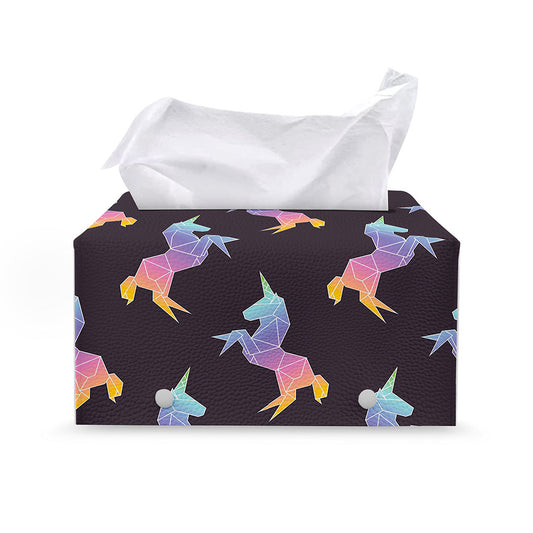 Rainbow Origami Unicorn Pattern Print Leather Tissue Box Cover