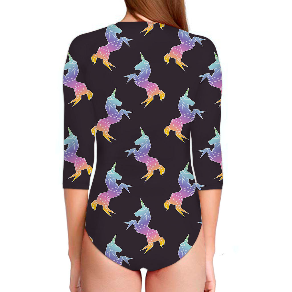 Rainbow Origami Unicorn Pattern Print Long Sleeve Swimsuit