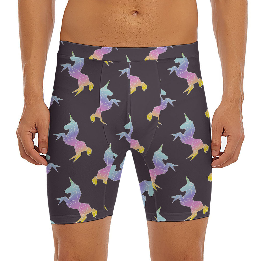 Rainbow Origami Unicorn Pattern Print Men's Long Boxer Briefs