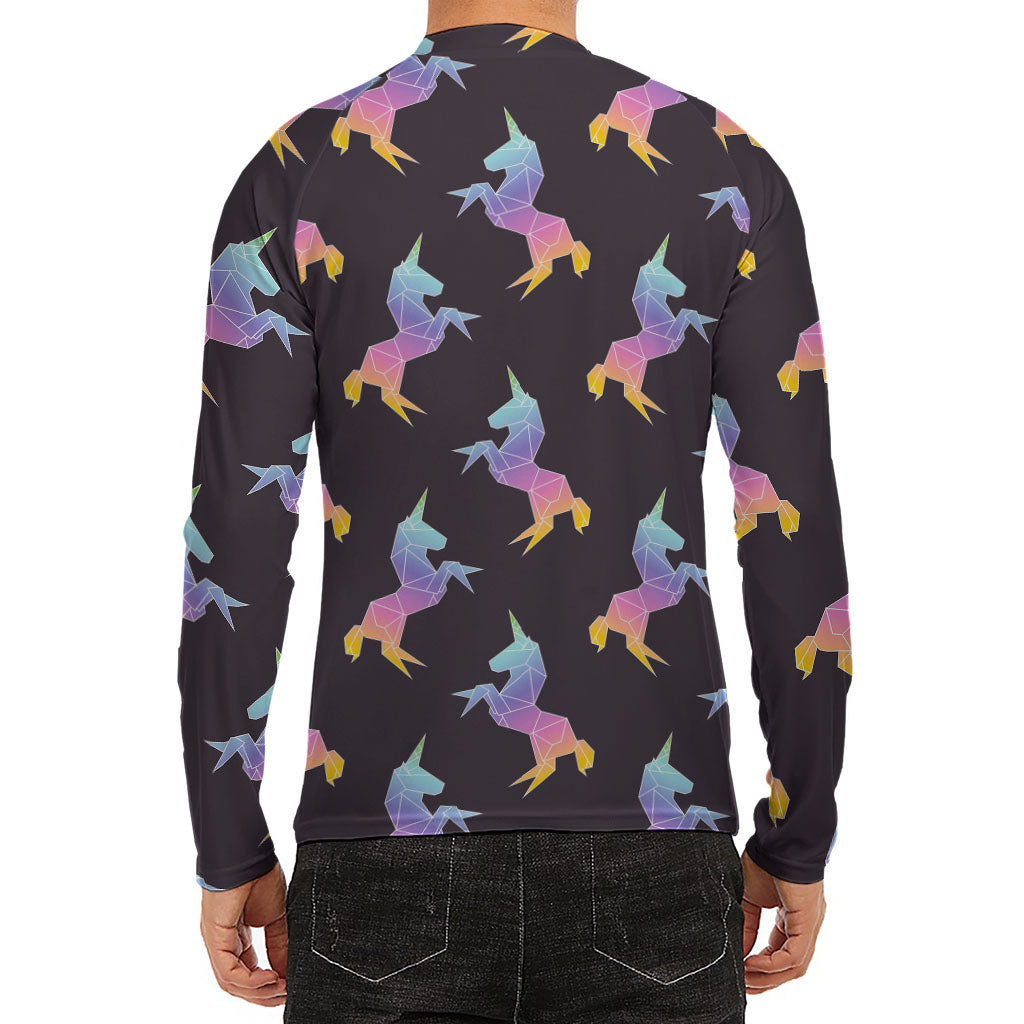 Rainbow Origami Unicorn Pattern Print Men's Long Sleeve Rash Guard