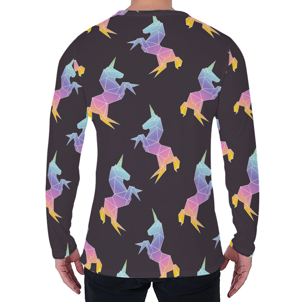 Rainbow Origami Unicorn Pattern Print Men's Long Sleeve T-Shirt