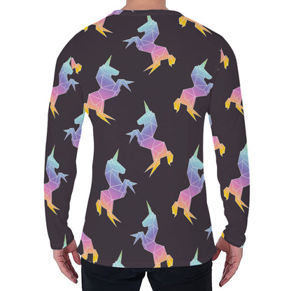 Rainbow Origami Unicorn Pattern Print Men's Long Sleeve T-Shirt