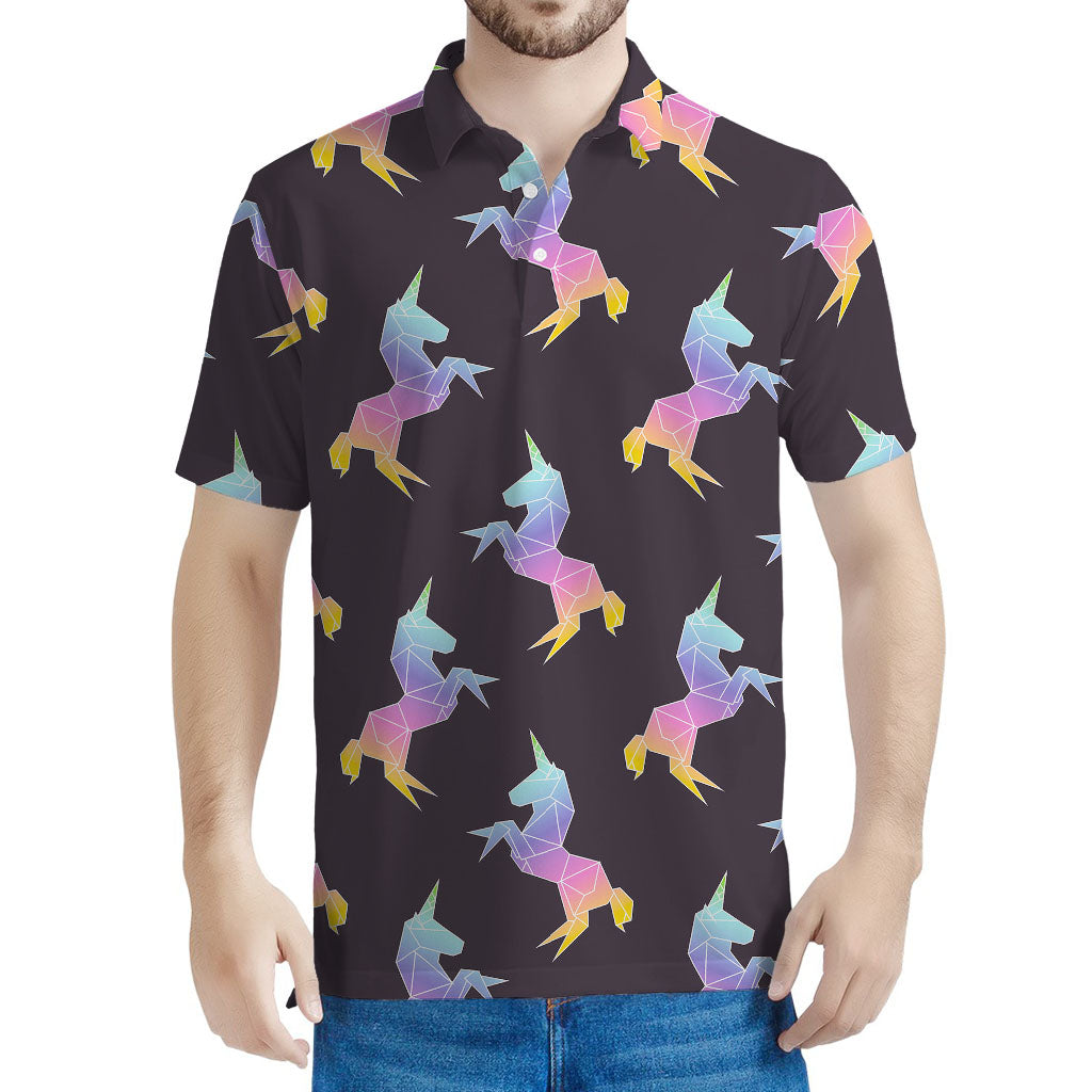 Rainbow Origami Unicorn Pattern Print Men's Polo Shirt