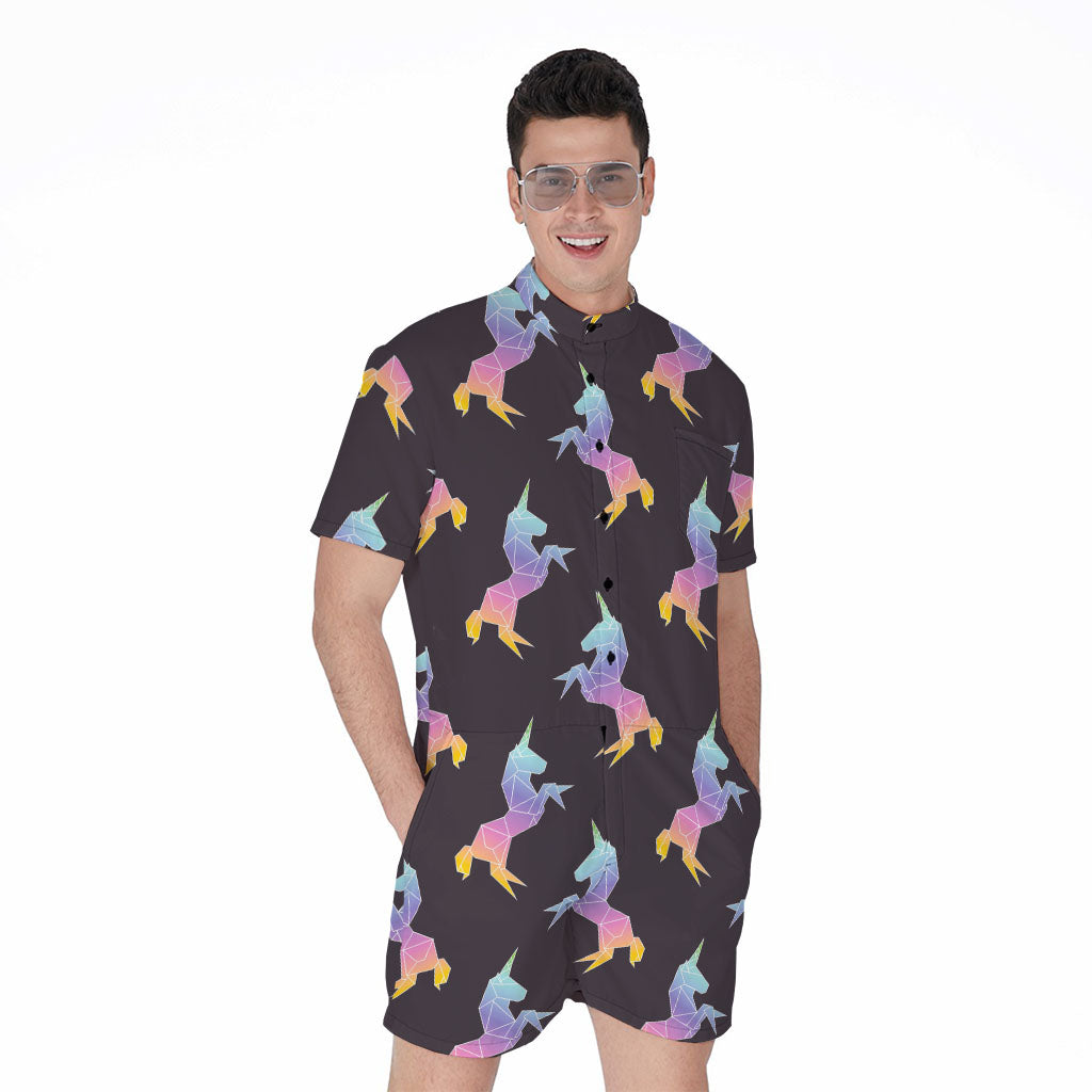 Rainbow Origami Unicorn Pattern Print Men's Rompers