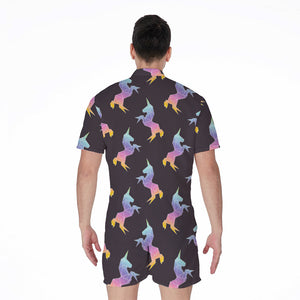 Rainbow Origami Unicorn Pattern Print Men's Rompers