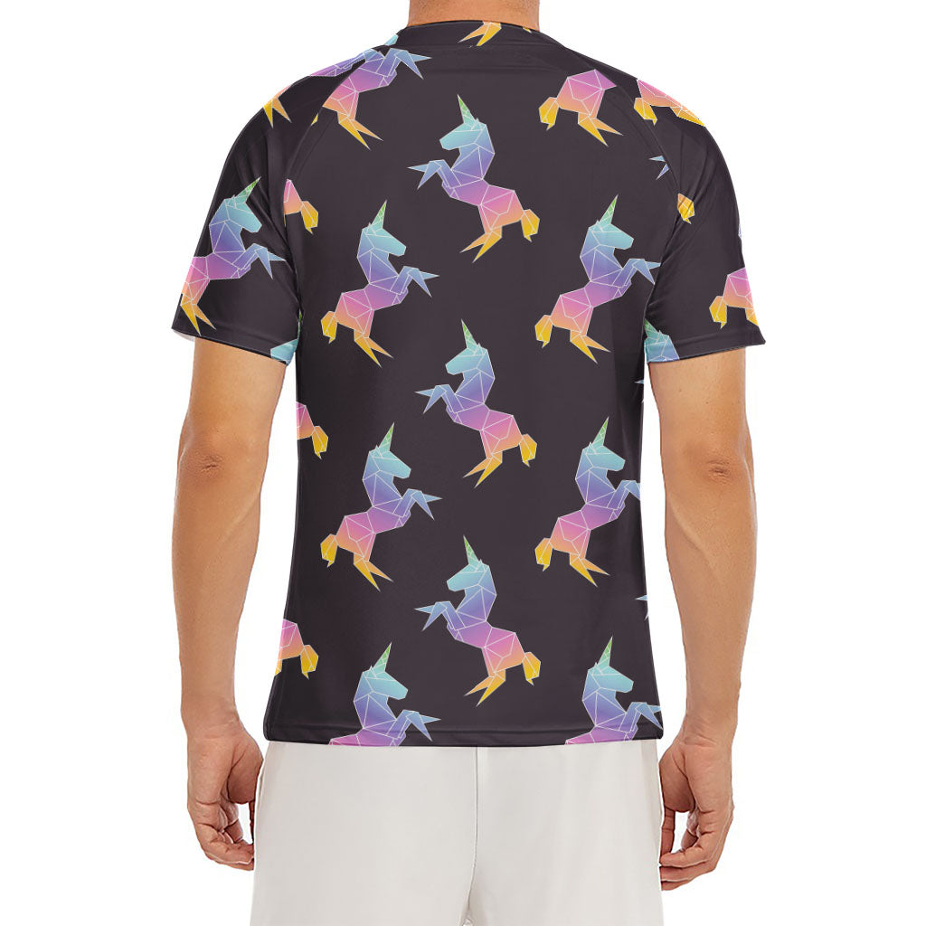 Rainbow Origami Unicorn Pattern Print Men's Short Sleeve Rash Guard