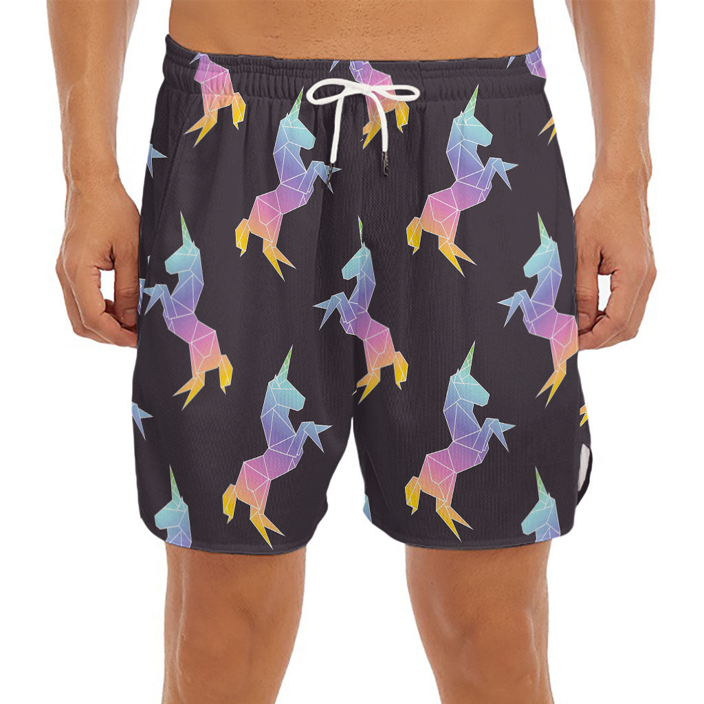 Rainbow Origami Unicorn Pattern Print Men's Split Running Shorts