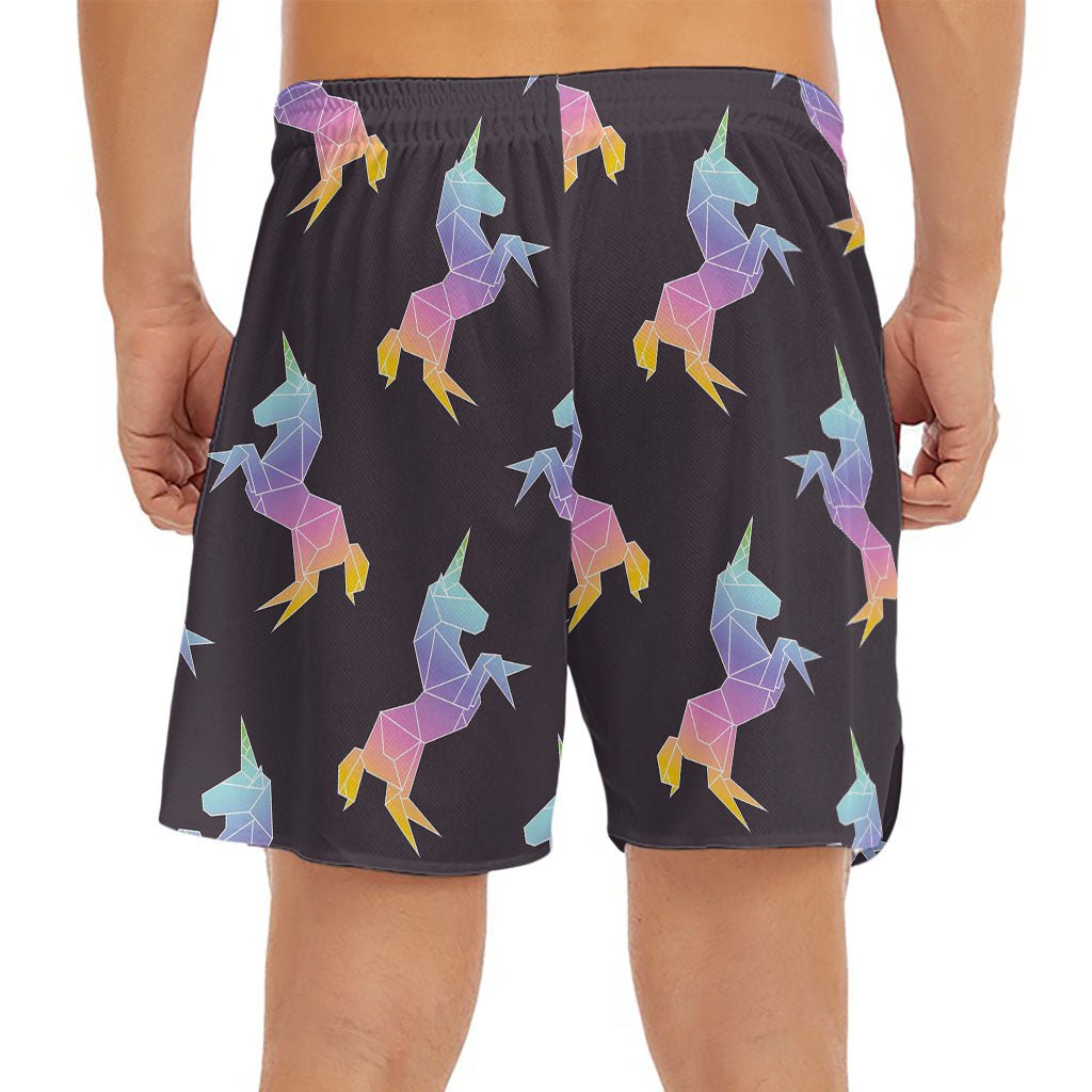 Rainbow Origami Unicorn Pattern Print Men's Split Running Shorts