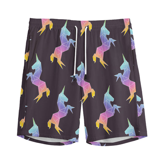Rainbow Origami Unicorn Pattern Print Men's Sports Shorts