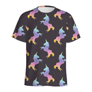 Rainbow Origami Unicorn Pattern Print Men's Sports T-Shirt