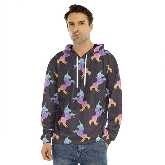 Rainbow Origami Unicorn Pattern Print Men's Velvet Pullover Hoodie
