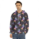 Rainbow Origami Unicorn Pattern Print Men's Velvet Pullover Hoodie