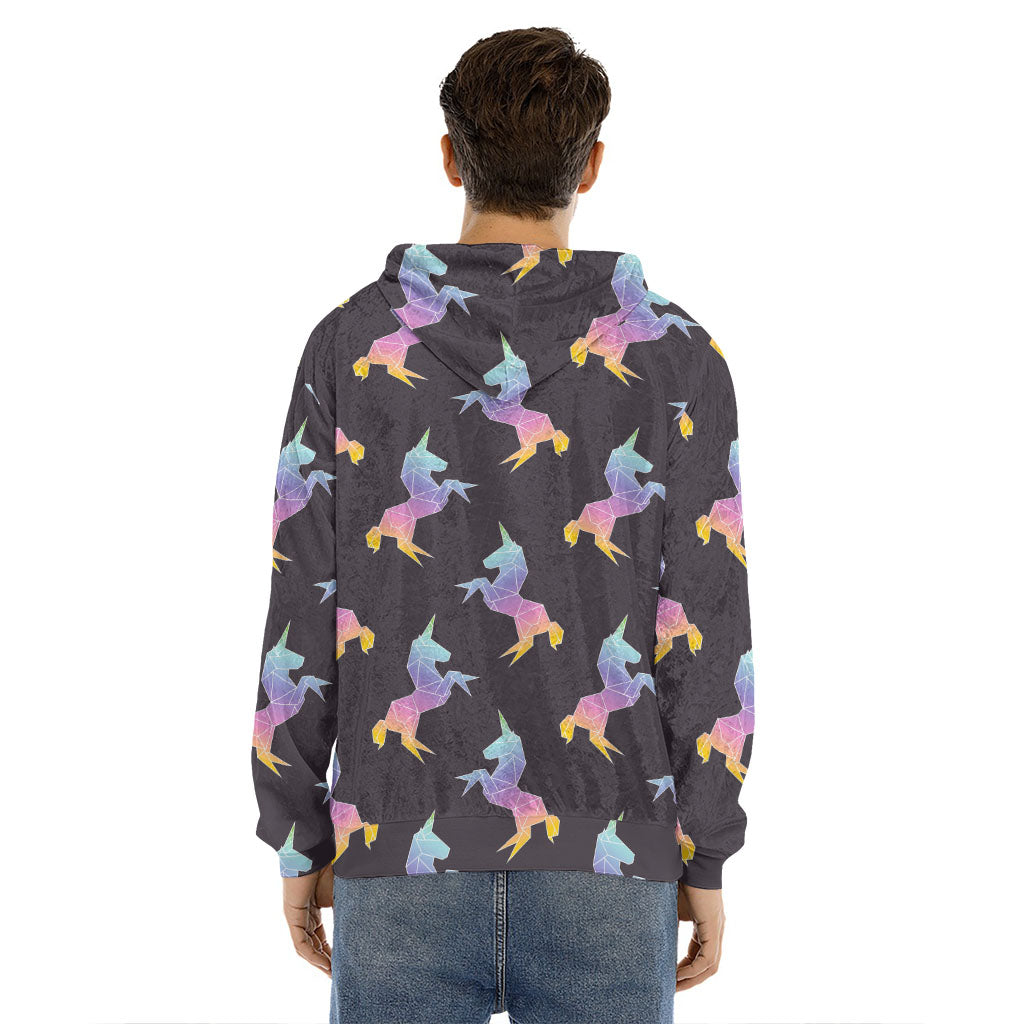 Rainbow Origami Unicorn Pattern Print Men's Velvet Pullover Hoodie