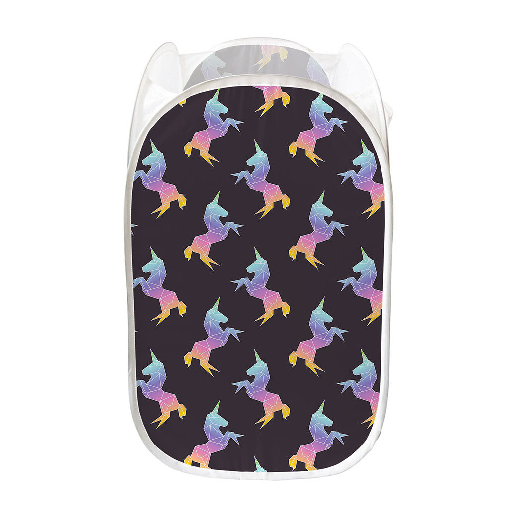 Rainbow Origami Unicorn Pattern Print Mesh Laundry Hamper