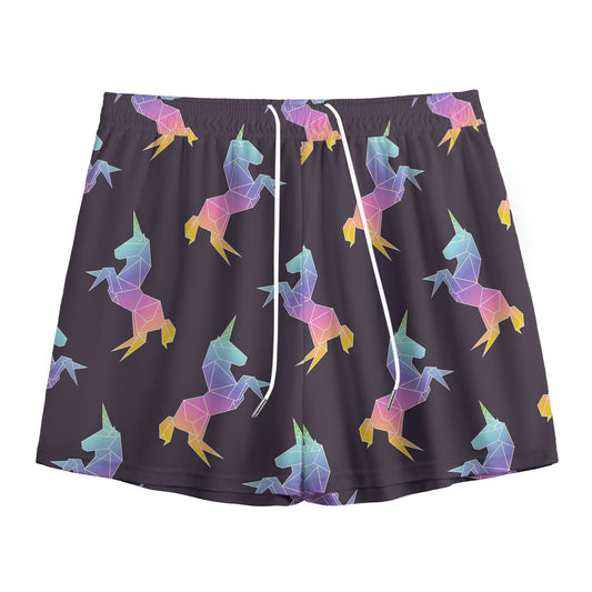 Rainbow Origami Unicorn Pattern Print Mesh Shorts
