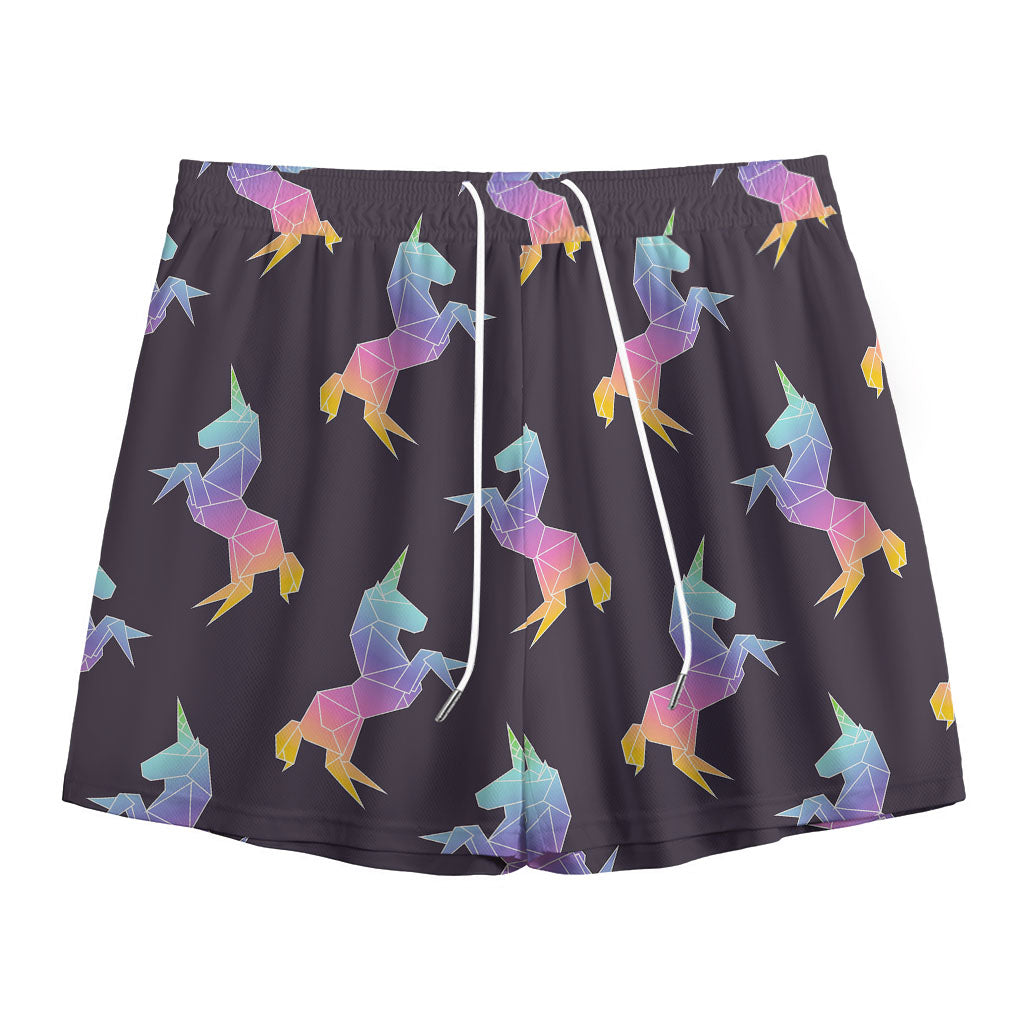 Rainbow Origami Unicorn Pattern Print Mesh Shorts