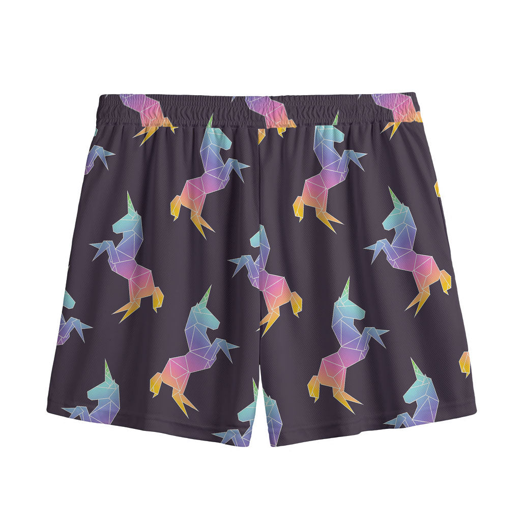 Rainbow Origami Unicorn Pattern Print Mesh Shorts