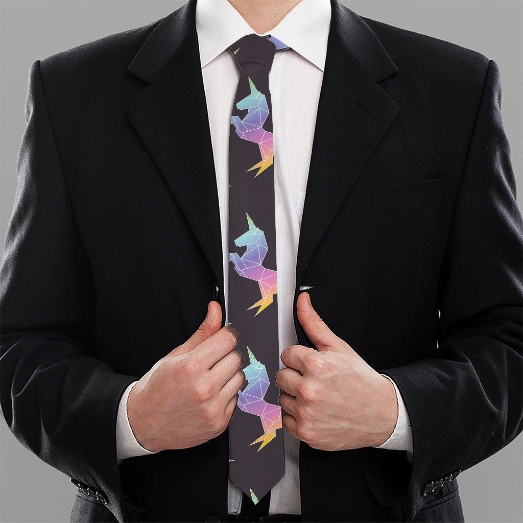 Rainbow Origami Unicorn Pattern Print Necktie