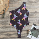 Rainbow Origami Unicorn Pattern Print One Shoulder Bodysuit