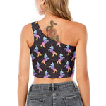 Rainbow Origami Unicorn Pattern Print One Shoulder Crop Top