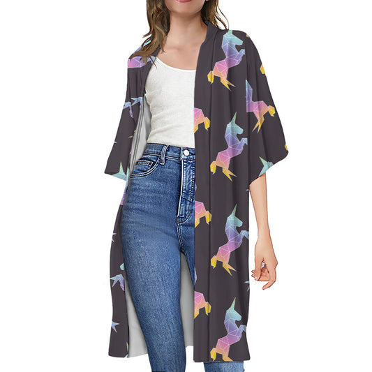 Rainbow Origami Unicorn Pattern Print Open Front Beach Cover Up