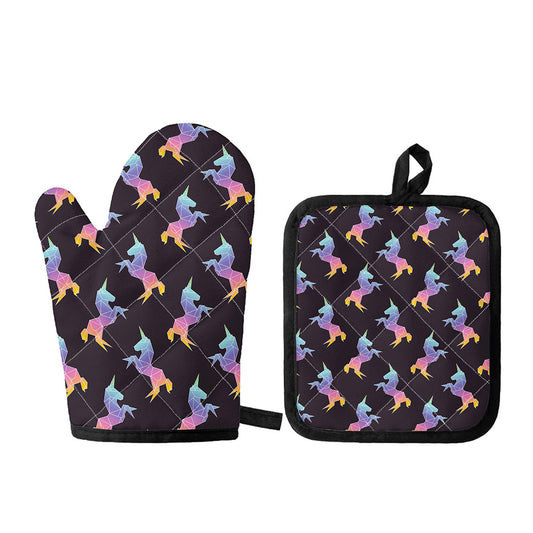 Rainbow Origami Unicorn Pattern Print Oven Mitt And Pot Holder Set