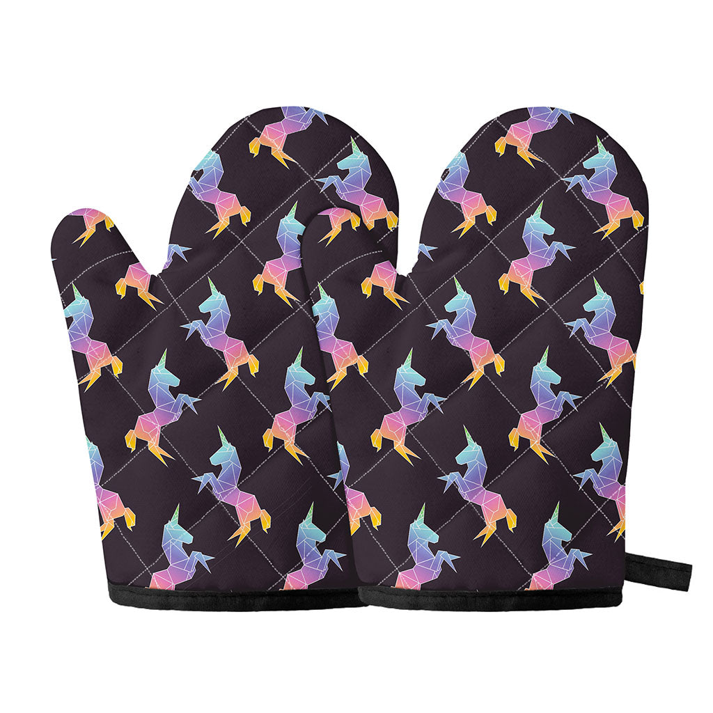 Rainbow Origami Unicorn Pattern Print Oven Mitts