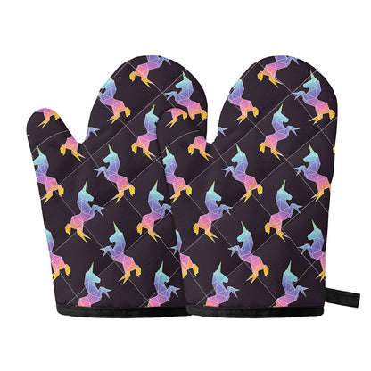 Rainbow Origami Unicorn Pattern Print Oven Mitts