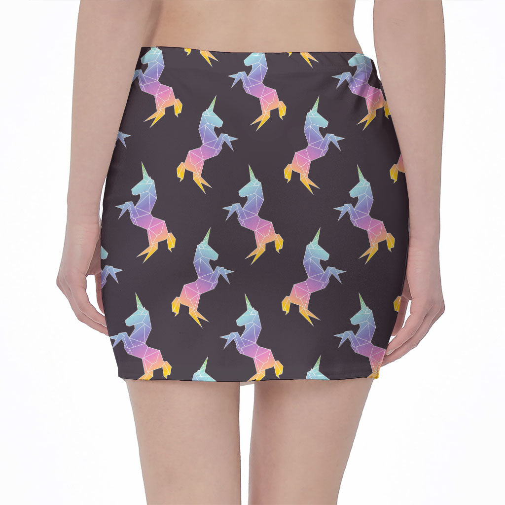 Rainbow Origami Unicorn Pattern Print Pencil Mini Skirt