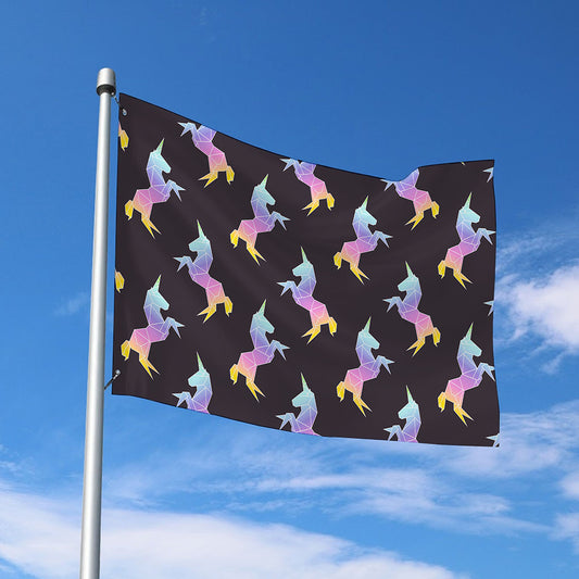 Rainbow Origami Unicorn Pattern Print Polyester Flag