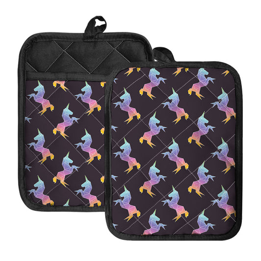 Rainbow Origami Unicorn Pattern Print Pot Holders With Pocket
