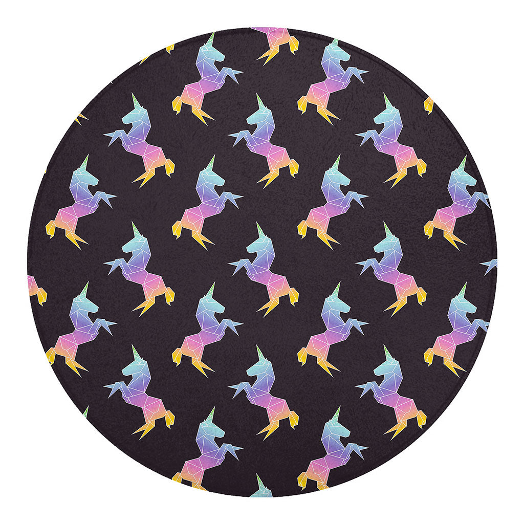 Rainbow Origami Unicorn Pattern Print Round Blanket