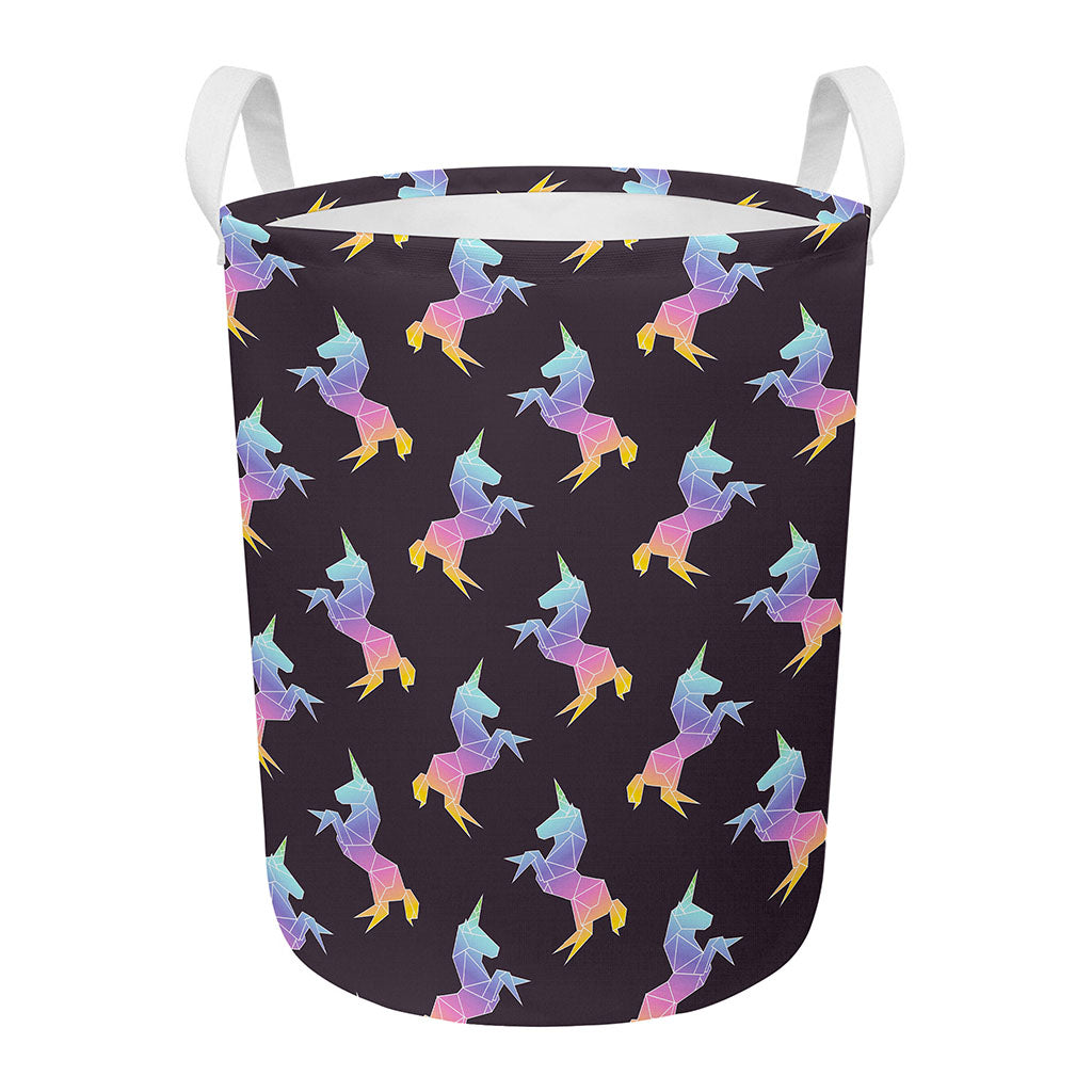 Rainbow Origami Unicorn Pattern Print Round Laundry Basket