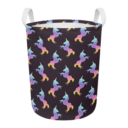 Rainbow Origami Unicorn Pattern Print Round Laundry Basket