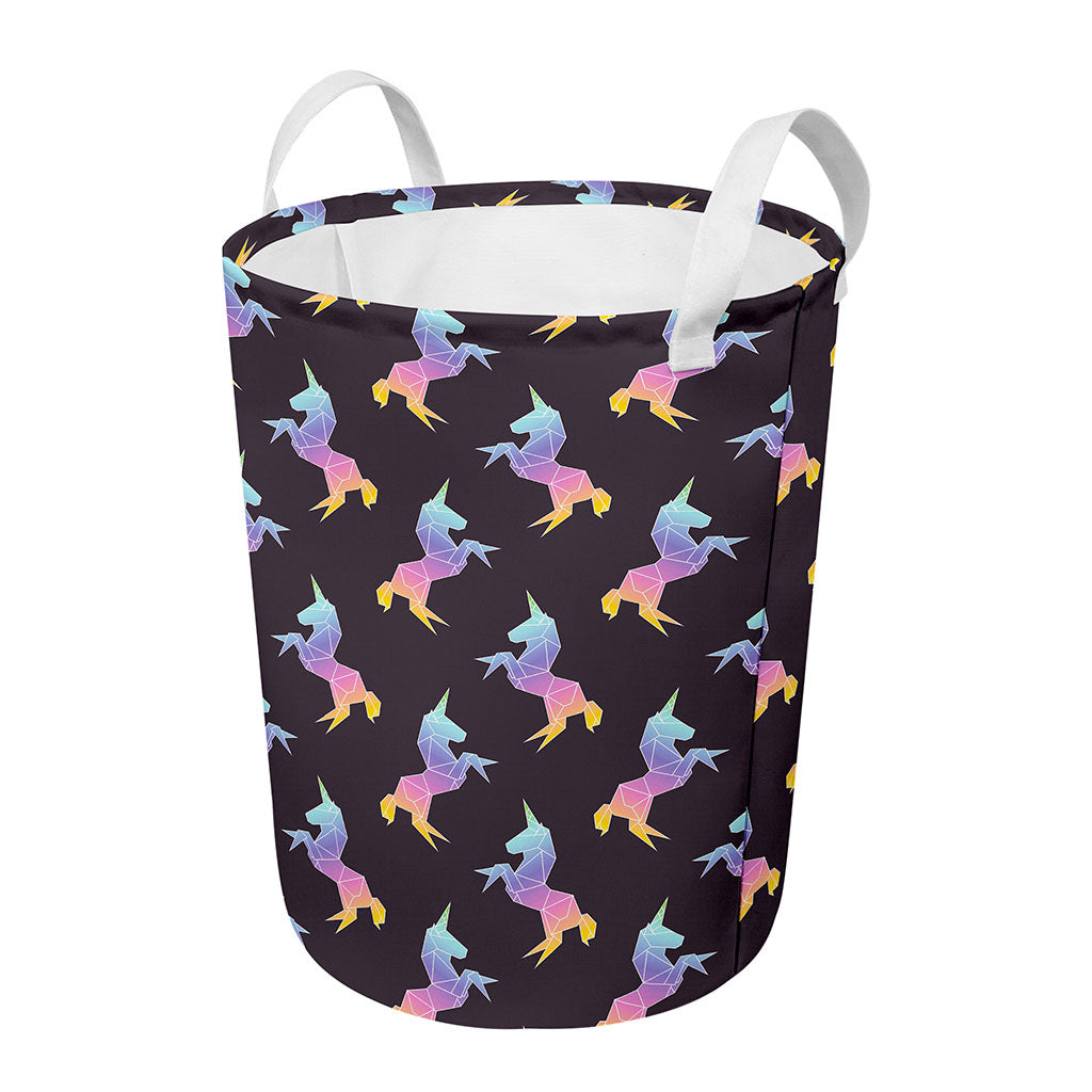 Rainbow Origami Unicorn Pattern Print Round Laundry Basket