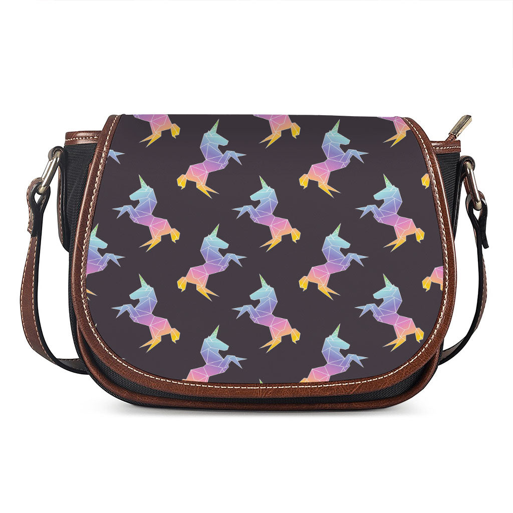 Rainbow Origami Unicorn Pattern Print Saddle Bag