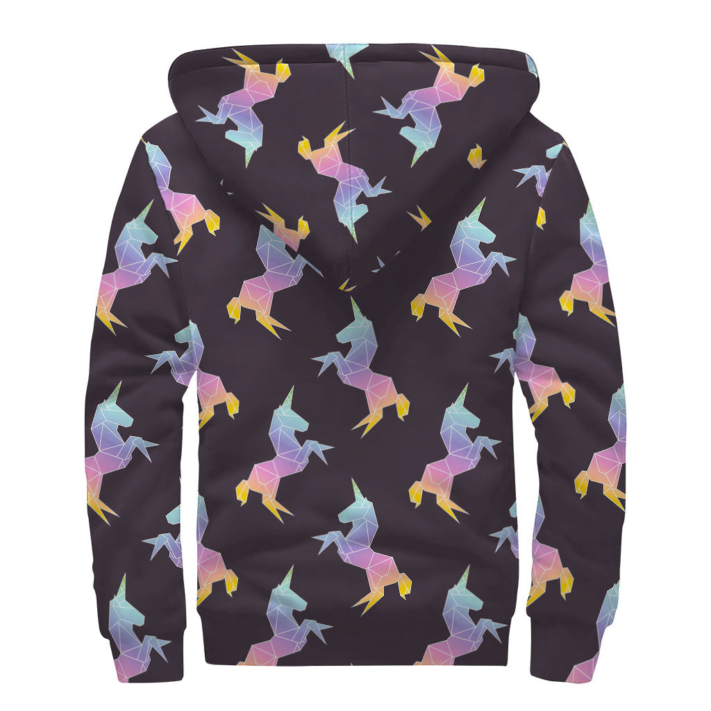 Rainbow Origami Unicorn Pattern Print Sherpa Lined Zip Up Hoodie