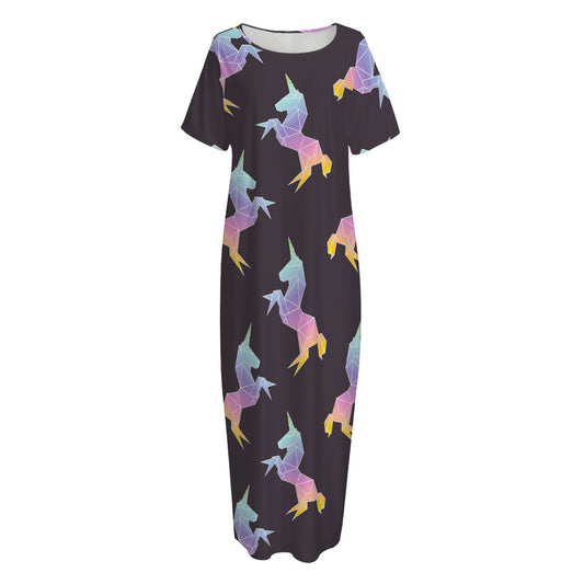 Rainbow Origami Unicorn Pattern Print Short Sleeve Long Nightdress
