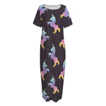 Rainbow Origami Unicorn Pattern Print Short Sleeve Long Nightdress