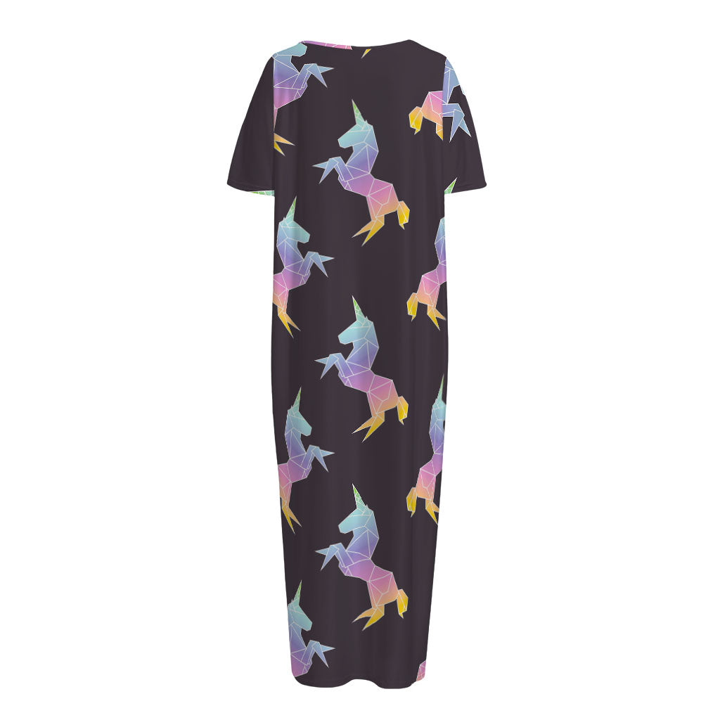 Rainbow Origami Unicorn Pattern Print Short Sleeve Long Nightdress