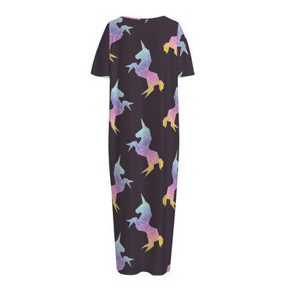 Rainbow Origami Unicorn Pattern Print Short Sleeve Long Nightdress