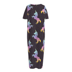 Rainbow Origami Unicorn Pattern Print Short Sleeve Long Nightdress