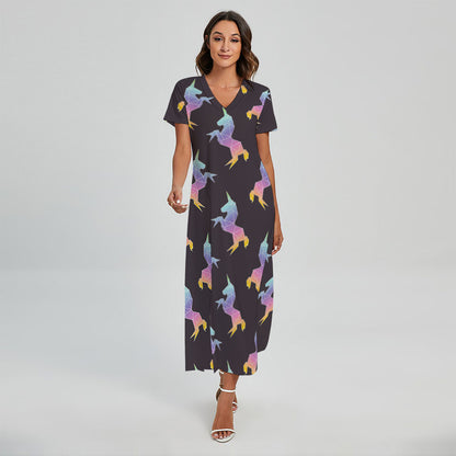 Rainbow Origami Unicorn Pattern Print Short Sleeve Maxi Dress