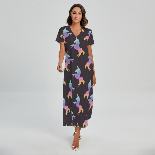 Rainbow Origami Unicorn Pattern Print Short Sleeve Maxi Dress