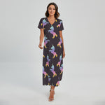 Rainbow Origami Unicorn Pattern Print Short Sleeve Maxi Dress