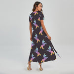 Rainbow Origami Unicorn Pattern Print Short Sleeve Maxi Dress