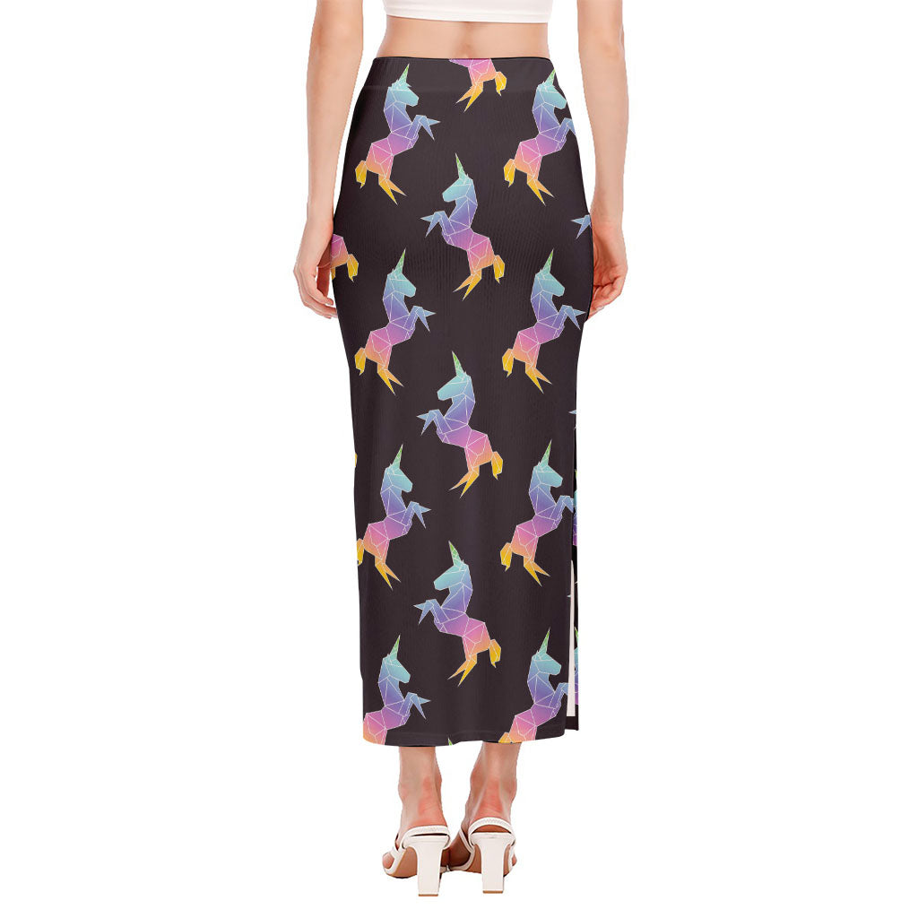 Rainbow Origami Unicorn Pattern Print Side Slit Maxi Skirt