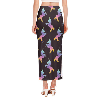 Rainbow Origami Unicorn Pattern Print Side Slit Maxi Skirt