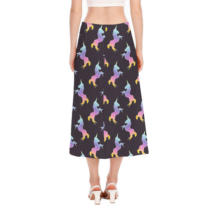 Rainbow Origami Unicorn Pattern Print Side Slit Midi Skirt