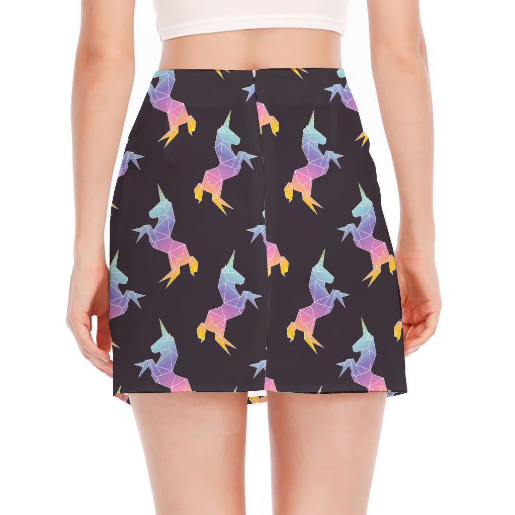 Rainbow Origami Unicorn Pattern Print Side Slit Mini Skirt